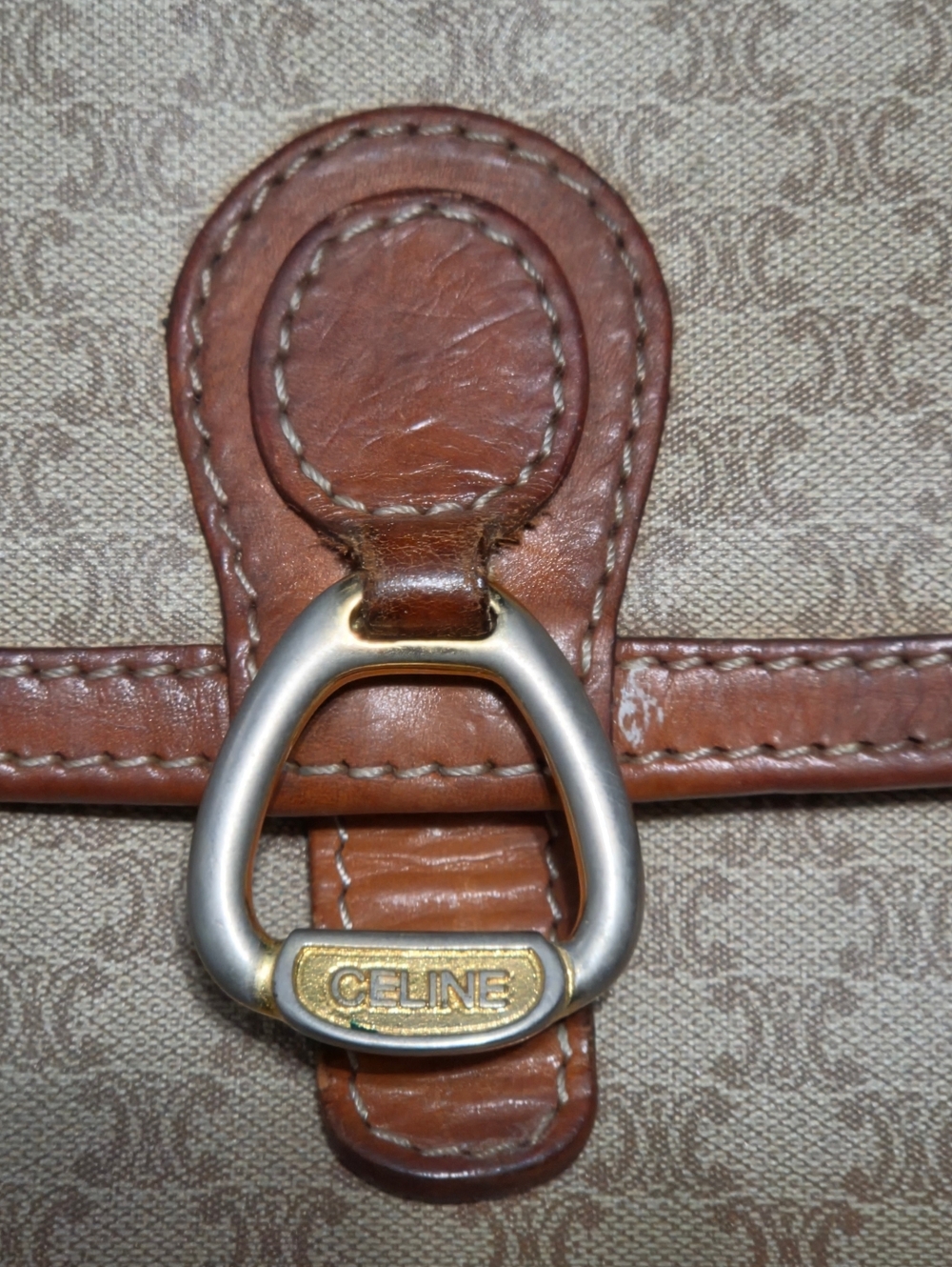 CELINE Macadam Brown Leather Trim Crossbody Shoulder Purse Bag PVC Canvas Beige - Picture 3 of 16